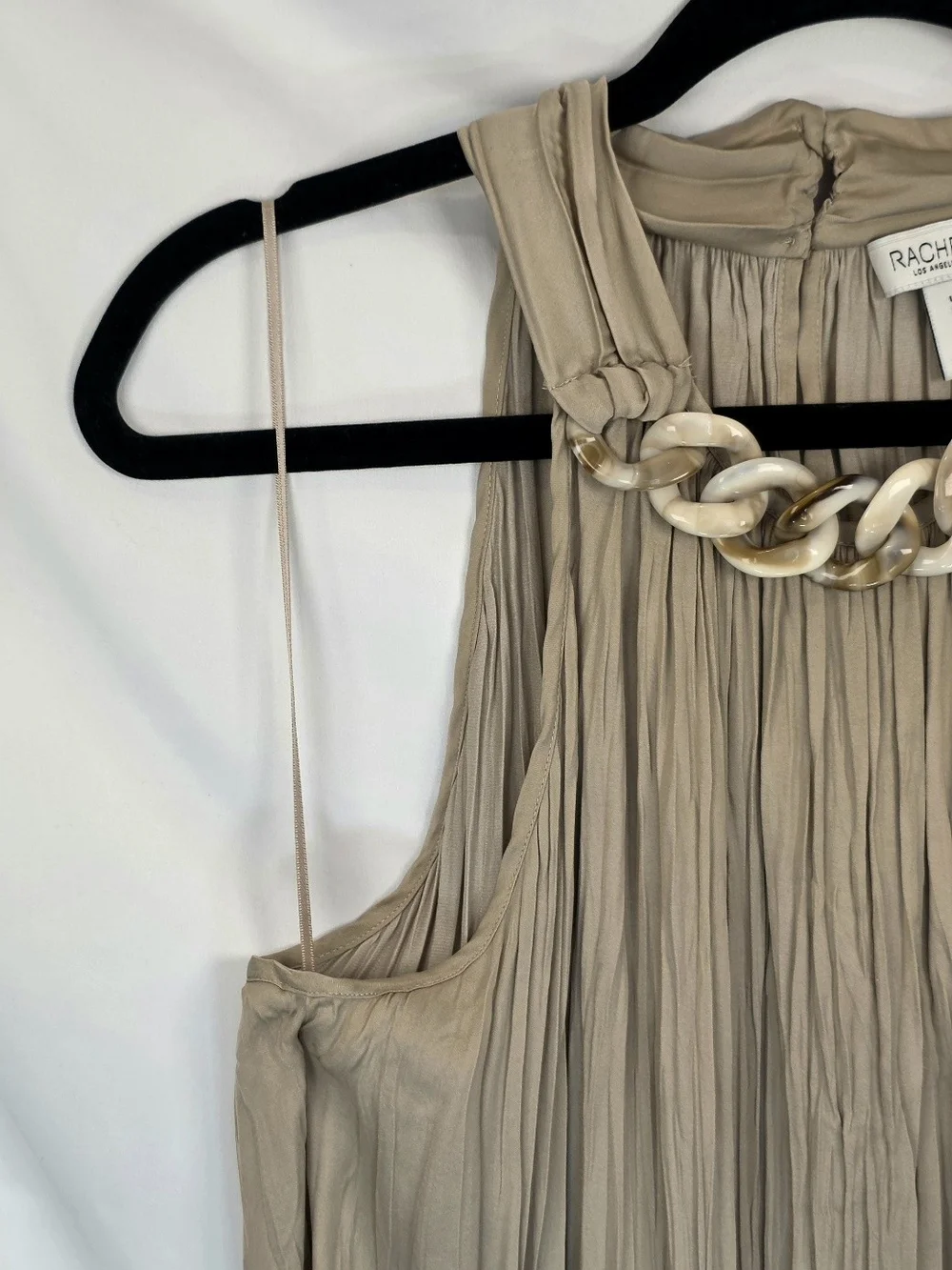 Rachel Zoe Taupe Boho Chic Office Pleated Halter Chunky Chain Accent Blouse Sz M - Picture 4 of 6